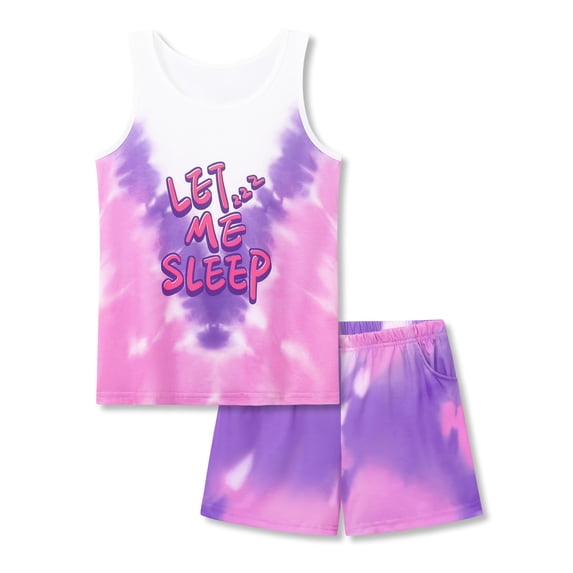 Beezizac Pajamas for Girls Tie Dye Pink & Purple Let Me Sleep Comfy 2-Piece Summer Trendy Tank Top Outfit Kid Size 10
