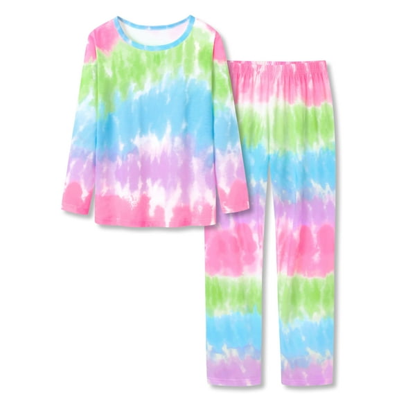 Beezizac Pajamas for Girls Trendy Multi Colors Tie Dye Tween Clothes Soft Long Sleeves Cute 2-Piece PJ Set Kid Size 10