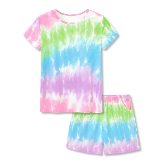 Beezizac Pajamas for Girls Trendy Multi Colors Tie Dye Tween Clothes Soft Short Sleeves Cute PJ Set Summer Big Kid Size 10
