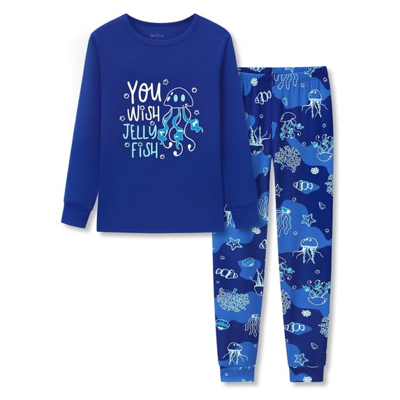 Beezizac Pajamas for Little & Big Boys Blue Jellyfish Comfy Snug-fit Long Sleeve Children 2-Piece PJ Set Size 12