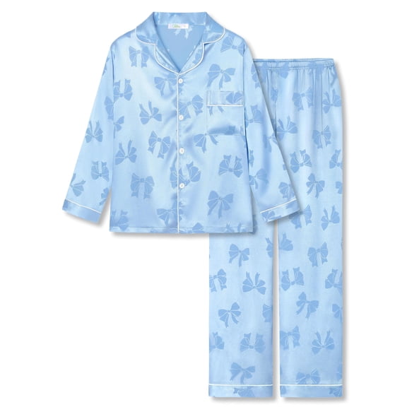 Beezizac Satin Pajamas for Girls - Blue Silky Long-sleeved Set with Sweet Bows Pattern Size 10
