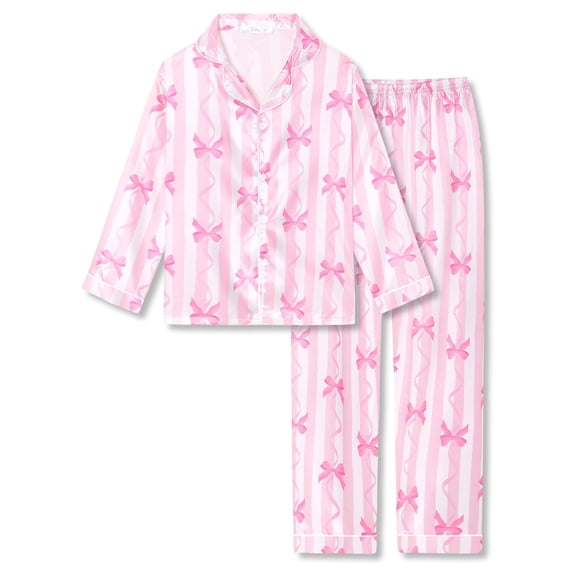 Beezizac Satin Pajamas for Girls-Cute Pink Silky Long-Sleeved Set with Charming Pink Bow & Striped Print Size 12