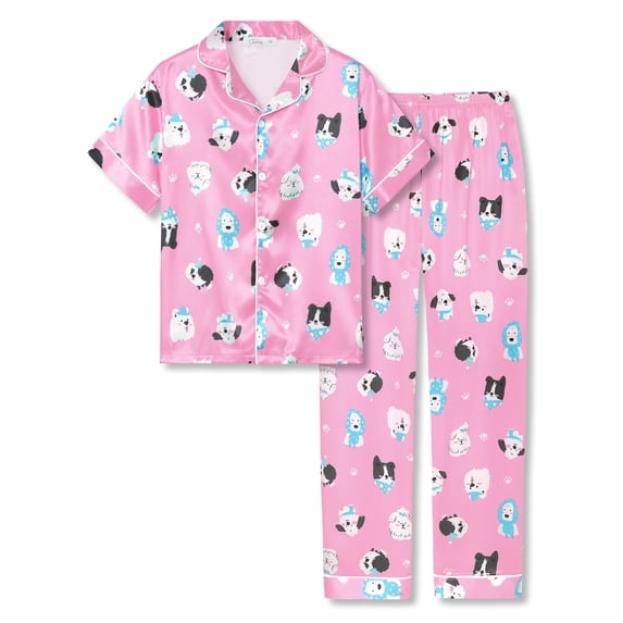Beezizac Satin Pajamas for Girls-Cute Pink Silky Short-Sleeved Pants Set with Adorable Puppy Prints Size 14