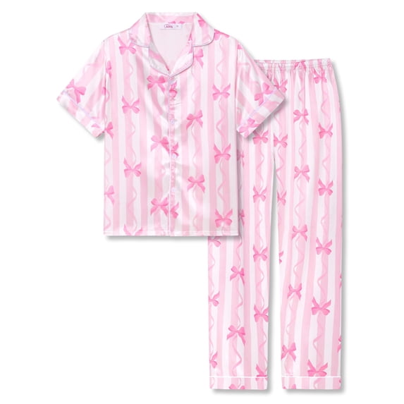 Beezizac Satin Pajamas for Girls-Cute Pink Silky Short-Sleeved Pants Set with Charming Pink Bow & Striped Print Size 10