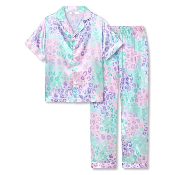 Beezizac Satin Pajamas for Girls-Soft Silky Short-Sleeved Pants Set with Iridescent Leopard Print Size 14