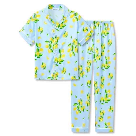 Beezizac Silky Satin Pajama for Girls - Lemon Blue Coat Style Button Down Short Sleeves & Pants Set 2-Piece PJ Size 6-16