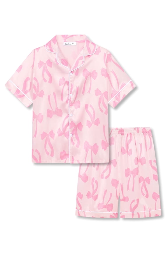 Silky Satin Pajama for Girls - Pink Bow Coat Style Button Down Short Sleeve Set 2-Piece PJ Size 6-16