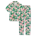 thumbnail image 1 of Beezizac Silky Satin Pajama for Girls - Tropical Flower Coat Style Button Down 2-PC Short Sleeves & Pants Set Size 6-16, 1 of 7