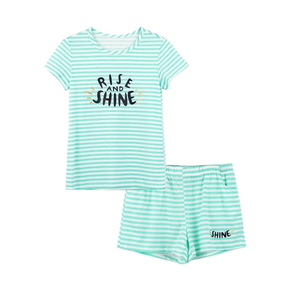 Beezizac Summer Pajamas For Girls – Green Stripe & Glittering PJS Pal Cute Jammies Set Big Kids Size 5T