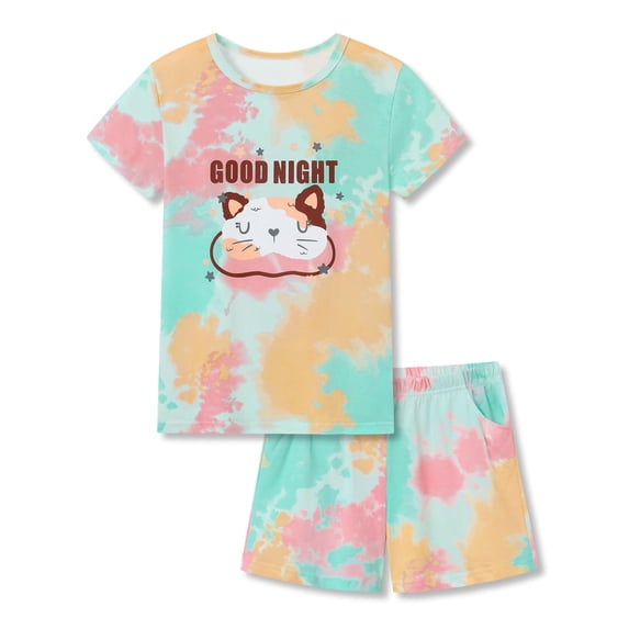 Beezizac Summer Pajamas For Girls - Tie Dye Colorful Cat Eye Mask Short Sleeve Set Cozy Cotton 2-PC PJ Size 5T