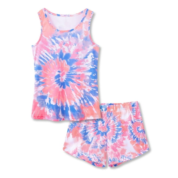 Beezizac Teen Girls Tie Dye Blue & Coral Swirl Pajama Tank Top & Shorts PJ Set 2-Piece Cute Cozy Outfit Big Kid Size 10