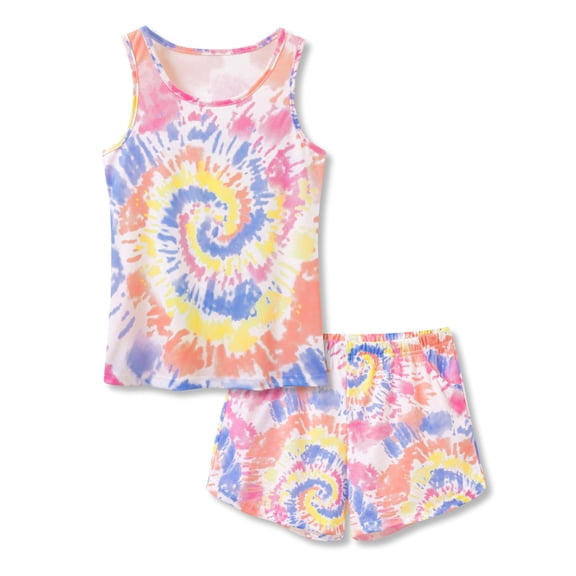 Beezizac Teen Girls Tie Dye Orange & Pink Spiral Swirl Pajama Tank Top PJ Set 2-Piece Soft Cute Outfit Big Kid Size 8