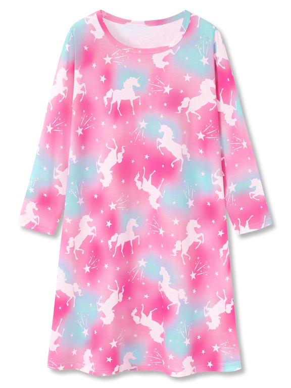 Teen & Little Girls Long Sleeve Nightgown Soft Knit Sleepwear Pink Blue Gradient Unicorn Print Loose Crew Neck Nightdress Pajama Size 12