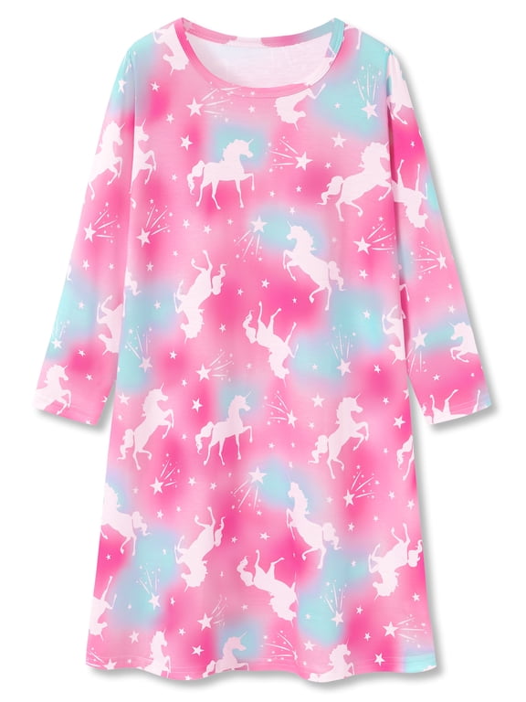 Teen & Little Girls Long Sleeve Nightgown Soft Knit Sleepwear Pink Blue Gradient Unicorn Print Loose Crew Neck Nightdress Pajama Size 8