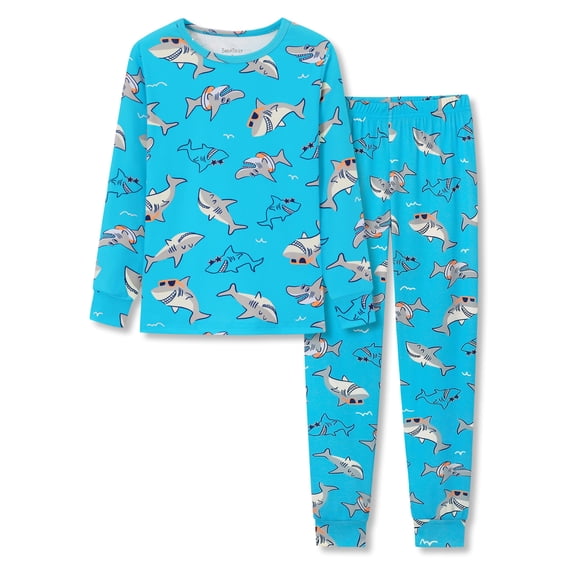 Beezizac Toddler & Little Boys Pajamas Blue Sharks 2-Piece Soft Snug-fit Long Sleeve PJ Set Kid Sleepwear Size 10