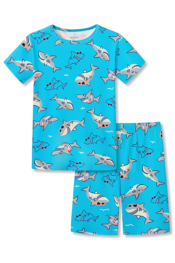 Toddler & Little Boys Pajamas Blue Sharks 2-Piece Soft Snug-fit Short Sleeve PJ Set Kid Sleepwear Size 10