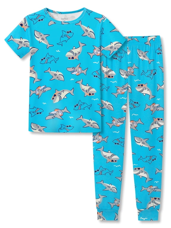 Toddler & Little Boys Pajamas Blue Sharks 2-Piece Soft Snug-fit Short Sleeves & Pants PJ Set Kid Size 12