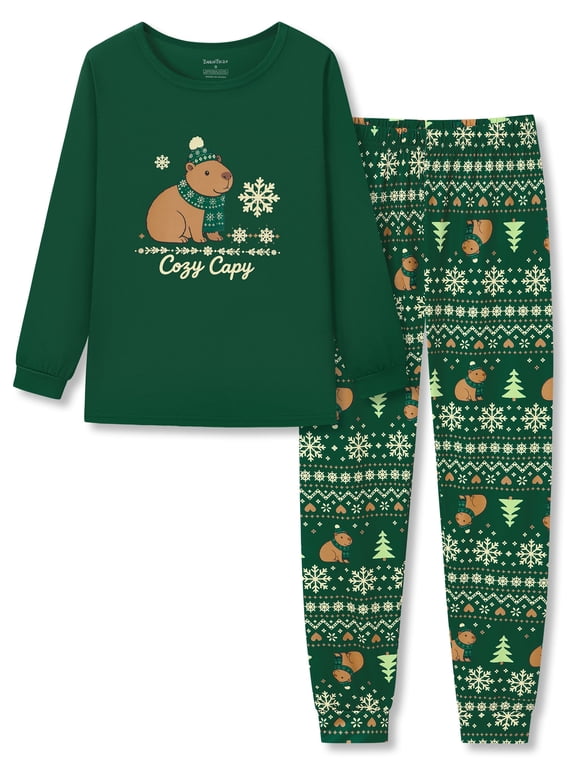 Toddler Long Sleeve Family Matching Christmas Pajama Set Cute Snowflake Forest Capybara Fair Isle Print Forest Green Crew Neck Loose Wide Leg Toddler Boys & Girls 2 Piece Sleepwear Size 2T