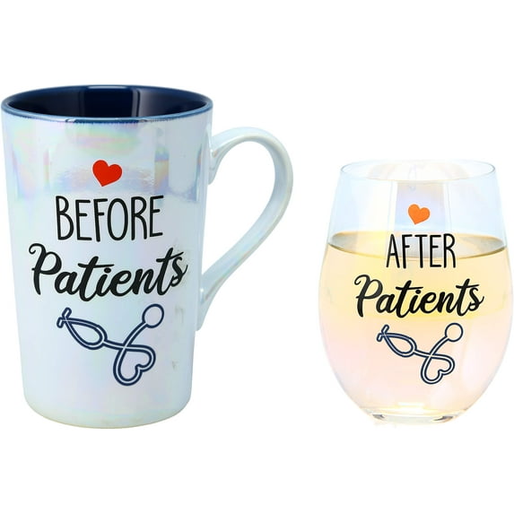 Pavilion-Before & After Patients - 18 oz. Stemless Wine Glass & 15 oz. Latte Cup- Humorous Medical Doctor Nurse Physician Assistant Gift Set