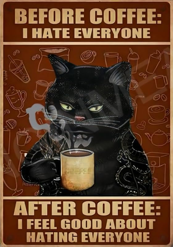 Targa Vintage In Latta Con Gatto Nero - Divertente Cartello 'Prima Del Caffè', 20,3x30,5 Cm, Decorazione Per Casa E Bar