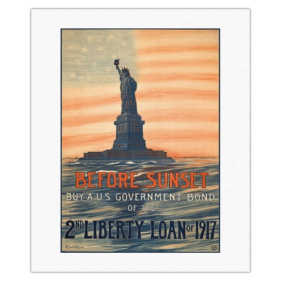 Before Sunset - Buy A U.S. Government Bond of the 2nd Liberty Loan of 1917 - Vintage Political Poster by Eugenie De Land c.1917 - Fine Art Rolled Canvas Print 16in x 20in