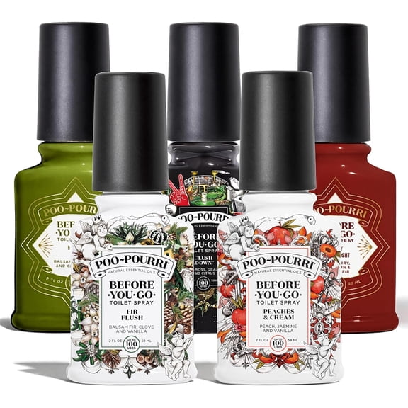 Before You Go Toilet Spray 5 Pack Set 2 oz Bottles, Peaches And Cream, Fir Flush, Flush Down, Berry and Bright, Balsam Bum Set