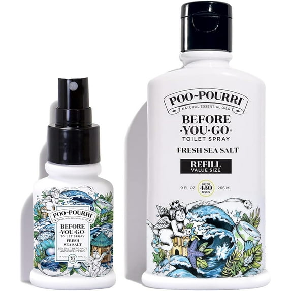 Before-You-Go Toilet Spray, Fresh Sea Salt, Refill Bottle 9 Fl Oz and 1.4 Fl Oz Spray- Sea Salt Bergamot and Eucalyptus
