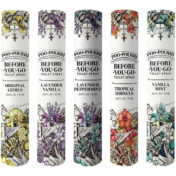 Before-You-Go Toilet Spray, Travel Essentials, .34 Fl Oz, In A Pinch Variety 5 Pack, Each Up to 20 Uses, On-The-Go Bathroom Odor Deodorizer with Essential Oils, TSA Approved Size, 5 Scents