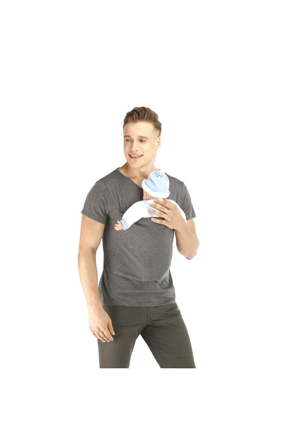 Kangaroo Dad Men's T-Shirt Short-Sleeved Stretchy Infant Sling Baby Carrier Shirt 2 in 1 Big Pocket(Gray,2XL)