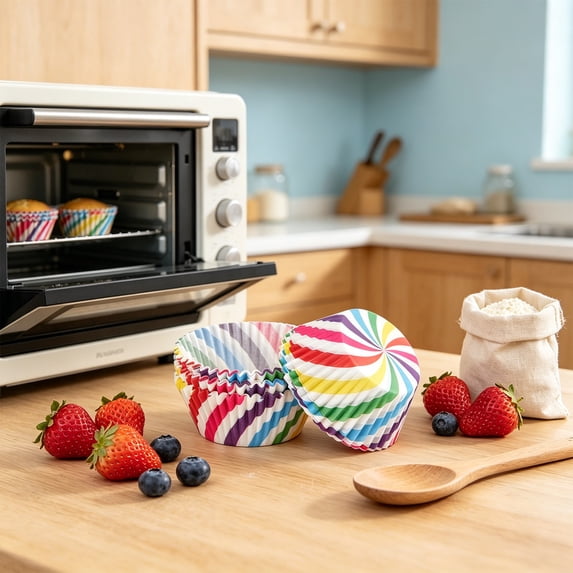 Beforeyayn 100 Pack Rainbow Cupcake Liners, Standard Size Greaseproof Baking Cups, Striped Paper Muffin Liners, Oven Safe Disposable for Birthday, Wedding, Party & Snack Cups