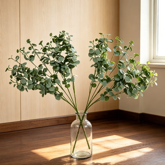 Beforeyayn 2Pcs Artificial Round Eucalyptus Leaf Stems, Faux Greenery Money Leaf Branches for Vase Arrangement Home Wedding Decor, Fits Centerpiece, Bouquet, Lifelike Silver Dollar Leaves