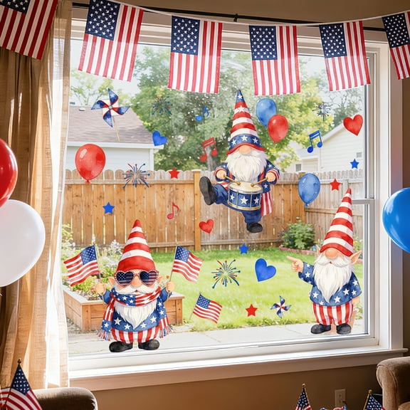 Beforeyayn 4Th of July Patriotic Gnomes Wall Stickers, Perfect for Independence Day Home Decor, Apply to Living Room Bedroom Window | Three Gnomes with Flags Drum Balloons Design