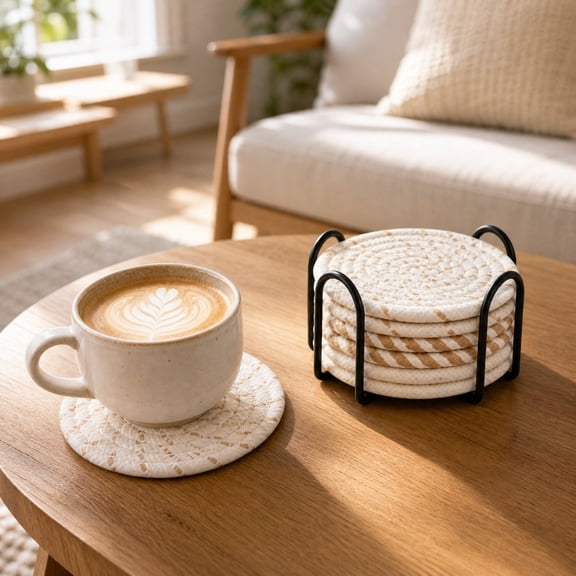 Beforeyayn 6Pcs Cotton Woven Cup Mats for Drinks, Absorbent Cup Mats Set with Holders Heat Resistant 44In Diameter, Fits Coffee Table, Desk, Protects Surfaces From Condensation
