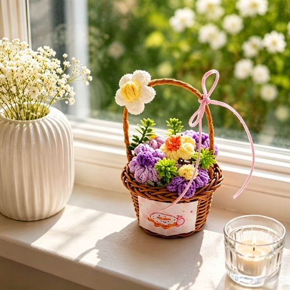 Beforeyayn Crochet Flower Basket, Cute Yarn Flowers For Table For Home Decorators, Dining Room Center And Buffet, Decorating Father'S Day Brunch Without Wilting.