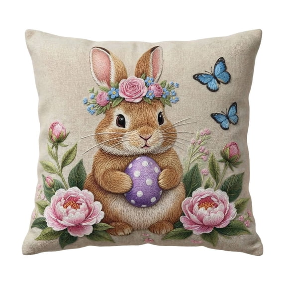 Beforeyayn Easter Pillow Covers 18x18 Inch Easter Eggs Bunny Flowers Spring Cute Rabbit Easter Themed Decorative Throw Pillow Cases Outdoor Farmhouse Decoration for Sofa Couch Bed