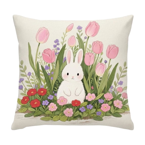 Beforeyayn Easter Pillow Covers 18x18 Inch Easter Eggs Bunny Flowers Spring Cute Rabbit Easter Themed Decorative Throw Pillow Cases Outdoor Farmhouse Decoration for Sofa Couch Bed