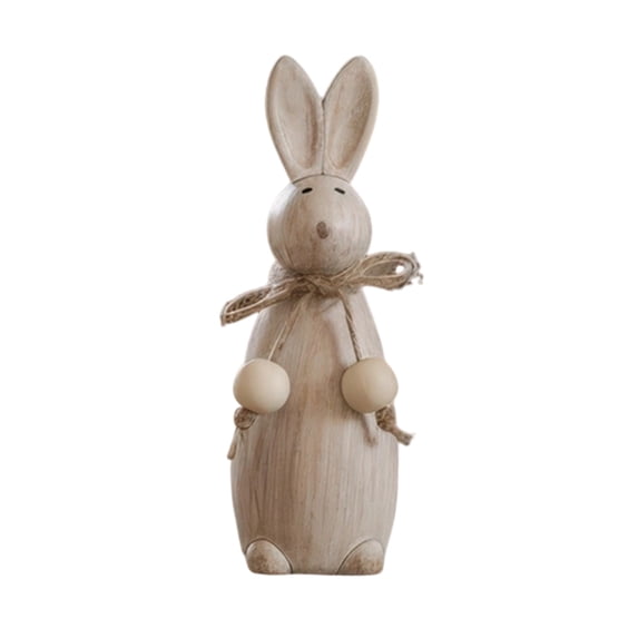 Beforeyayn Easter Wood Rabbit Figurines, Handmade Elegant Easter Decorations Farmhouse Bunny Statue with Rustic Jute Bows for Spring Home Table Decor