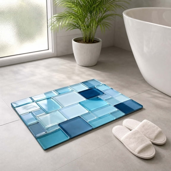 Beforeyayn Extra Large Bath Mat - 315"X197" Blue Ice Cubes Design, Ultra-Absorbent Non-Slip Pedestal Rug for Bathroom, Quick Dry and Soft Memory Foam