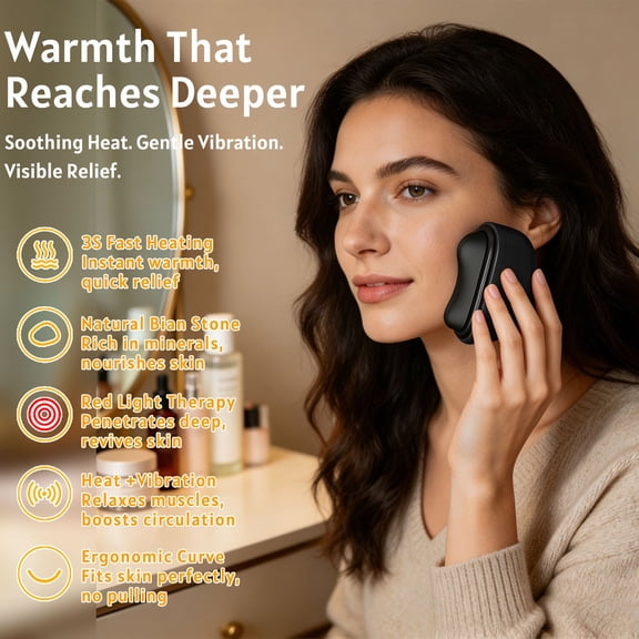 Beforeyayn Facial Heating Massage Device with Red Light Therapy - 5S Fast Heating Gua Sha Tool for Face and Neck, Natural Bian Stone Electric Massager for Circulation and Anti-Aging