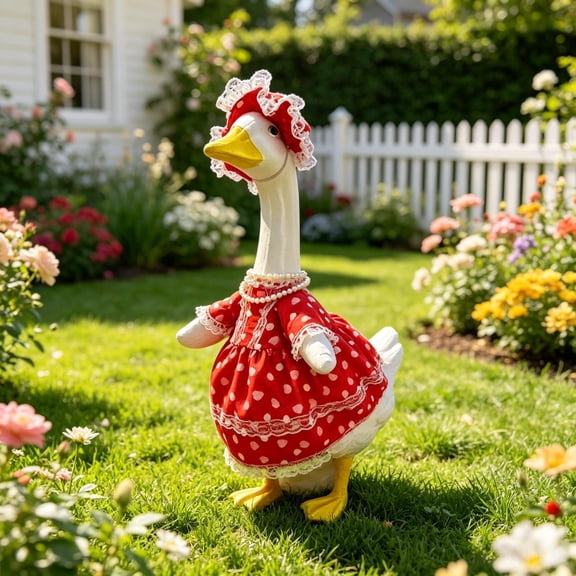 Beforeyayn Garden Goose Statue with Red Polka Dot Dress and Lace Bonnet, 30 cm Outdoor Lawn Ornament, Easter Christmas Yard Decoration Gift