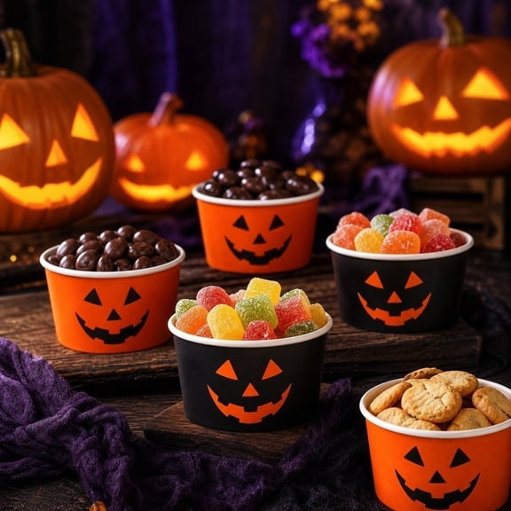 Beforeyayn Halloween Pumpkin Paper Bowls, 8Cm Disposable Treat Bowls, Orange & Black Jack-O'-Lantern Candy Buffet Containers for Halloween Party Supplies