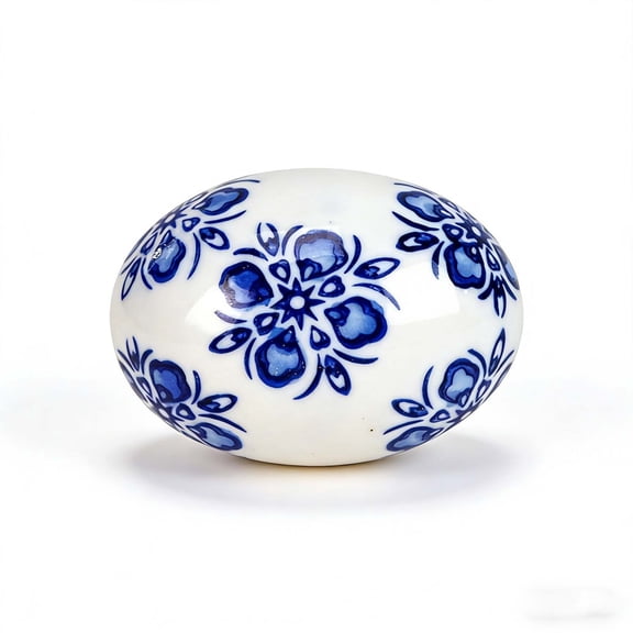 Beforeyayn Hand Painted Blue White Ceramic Easter Egg, Ornate Holiday Decoration for Display, Decorative Accent Piece for Table, Shelf, Mantel, Spring Home Decor