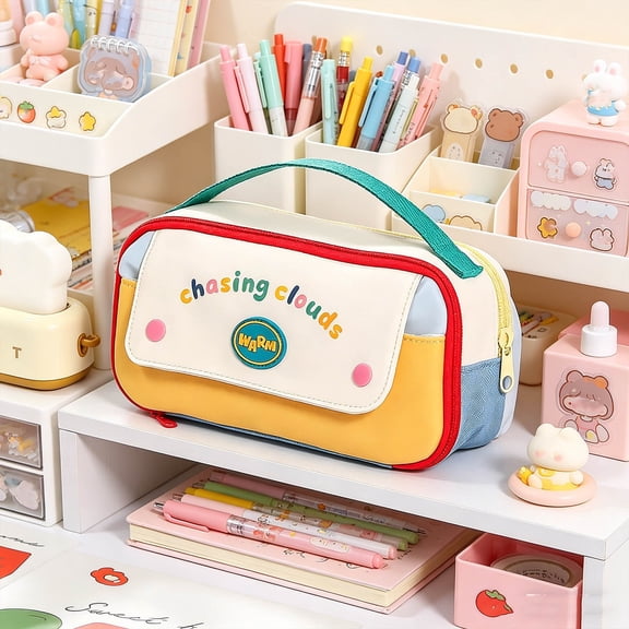 Beforeyayn Handheld Color Block Pencil Case, Multi Layer Stationery Bag Stylish Cute For Students, School Desk And Backpack, Large Capacity With Handle For Pens.