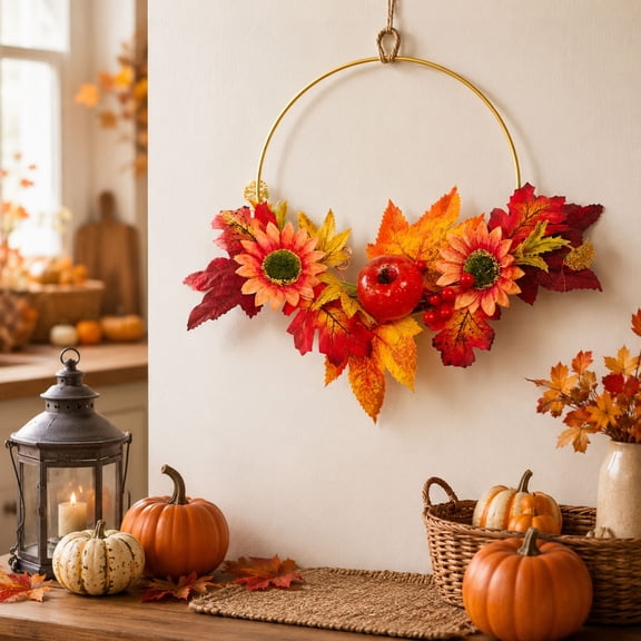 Beforeyayn Happy Thanksgiving Half Wreath - Festive Harvest Wall Art with Red Berries and Floral Arrangement, Perfect Autumn Centerpiece for Home