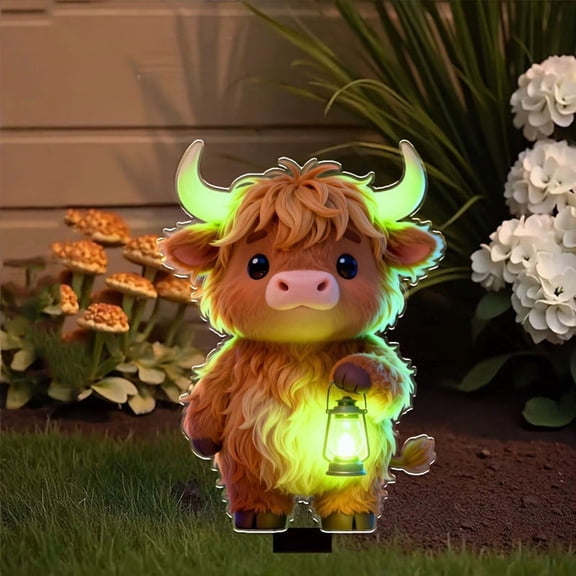 Beforeyayn Highland Cow Garden Stake Light - 20Cm Cute Scottish Hairy Ox with Glowing Lantern, Led Animal Figurine for Yard, Lawn, and Pathway Decor