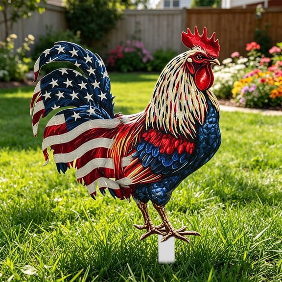 Beforeyayn Farmhouse Rooster Decor, Independence Day Painted Rooster Figurine, for Rural Style Homeowners, on Fence or Mailbox, for Garden Ground Animal Decoration