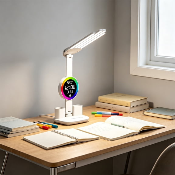 Beforeyayn LED Desk Lamp With Clock Temperature Display, pen holders 3 color modes dimmable eye caring table lamp for home office study for students and professionals needing smart lighting
