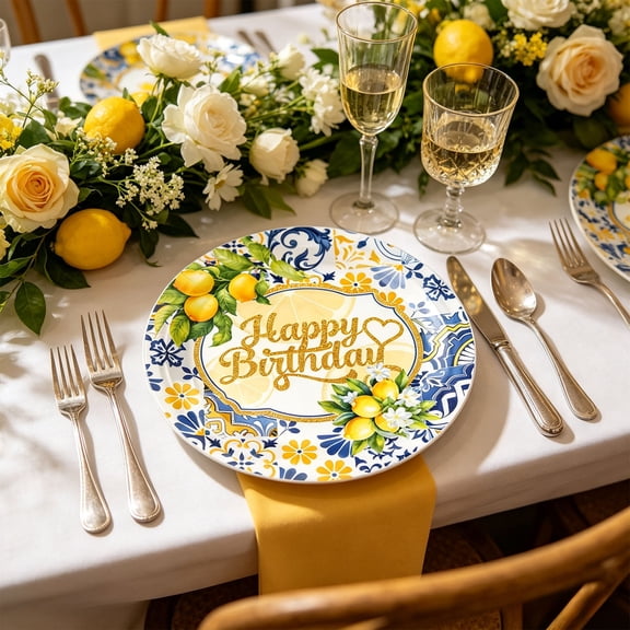 Beforeyayn Lemon Themed Birthday Party Plates, Heavy duty disposable paper dinnerware for summer party and BBQ, for families, suitable for birthday decor and gathering,