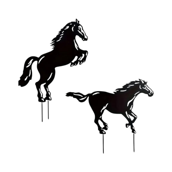 Beforeyayn Metal Running Horse Garden Stakes, Set of Two Outdoor Lawn Decorations, Black Finish Vintage Style Yard Art, Decorative Stake Set for Cottage Style Landscape Design