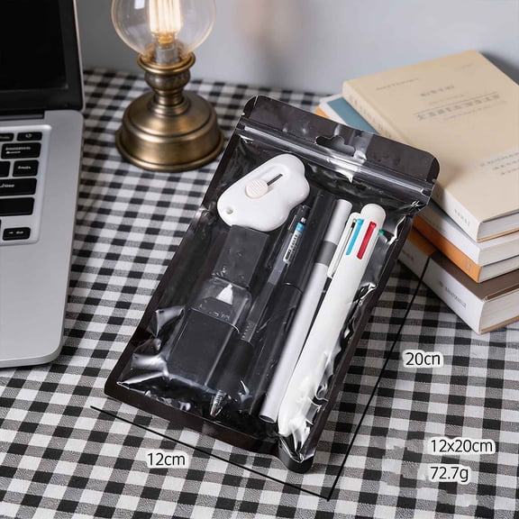 Beforeyayn Multi Functional Stationery Set Black White Pen Holder Tape Scissors Glue Ruler Eraser Sharpener Notebook Sticky Notes for Daily Use